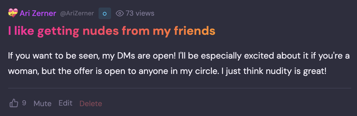 Glosso post titled &ldquo;I like getting nudes from my friends&rdquo;